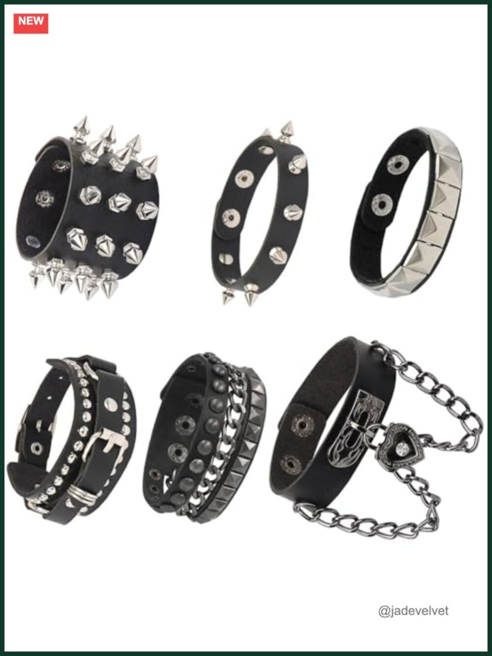 6pc PU Leather Studded Spike Rivet Cuff Bracelet Set Punk Goth Wristband